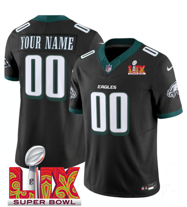 Men's Philadelphia Eagles Customized Black 2025 Super Bowl LIX Patch New F.U.S.E. Vapor Limited Stitched Football Jersey